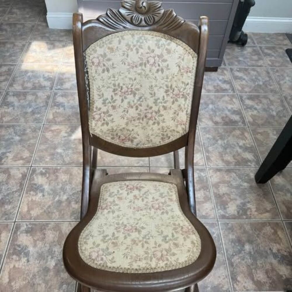 Vintage Victorian Style Folding Rocking Chair Floral Tapestry Wood Carved